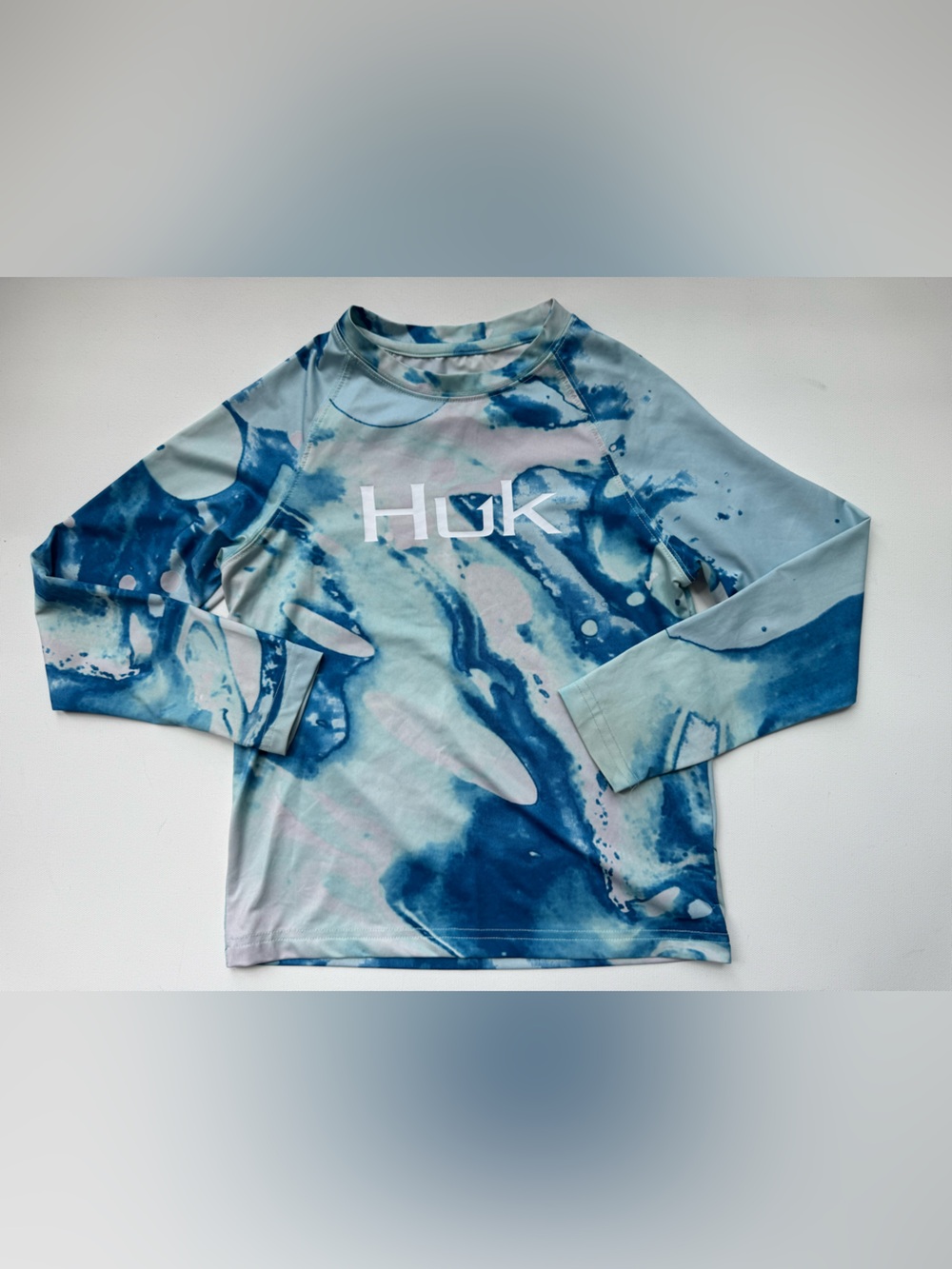 HUK Youth Performance Long Sleeve Fishing Shirt Blue Watercolor Print YS